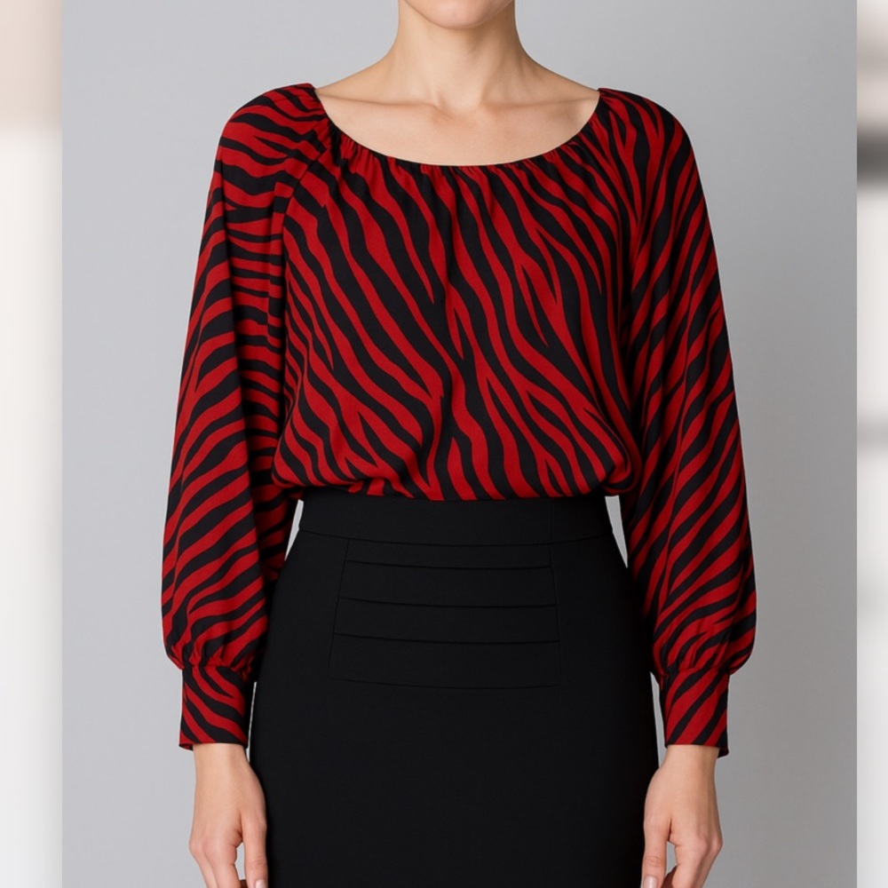 Red Zebra Print Stretchy Black Blouse Top